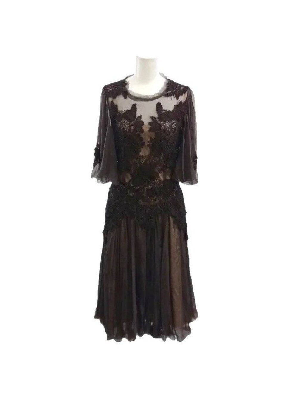 Dolce & Gabbana Dress Lace Sheer Silk Dark Brown Long Sleeve Length 36